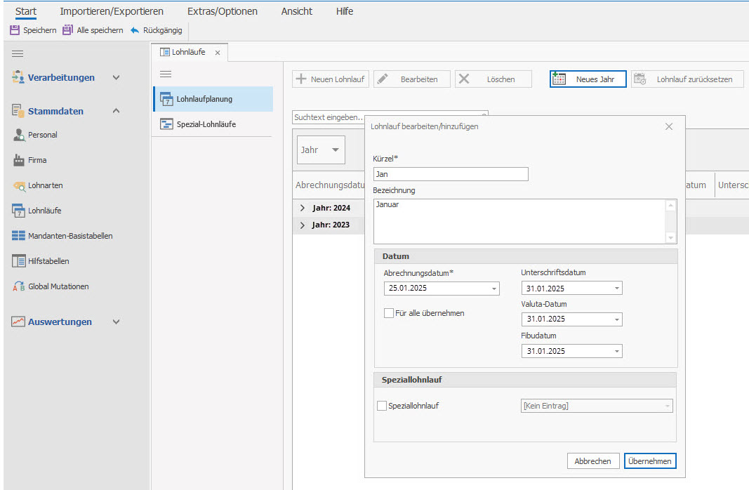 Neues Jahr erstellen Topal Payroll