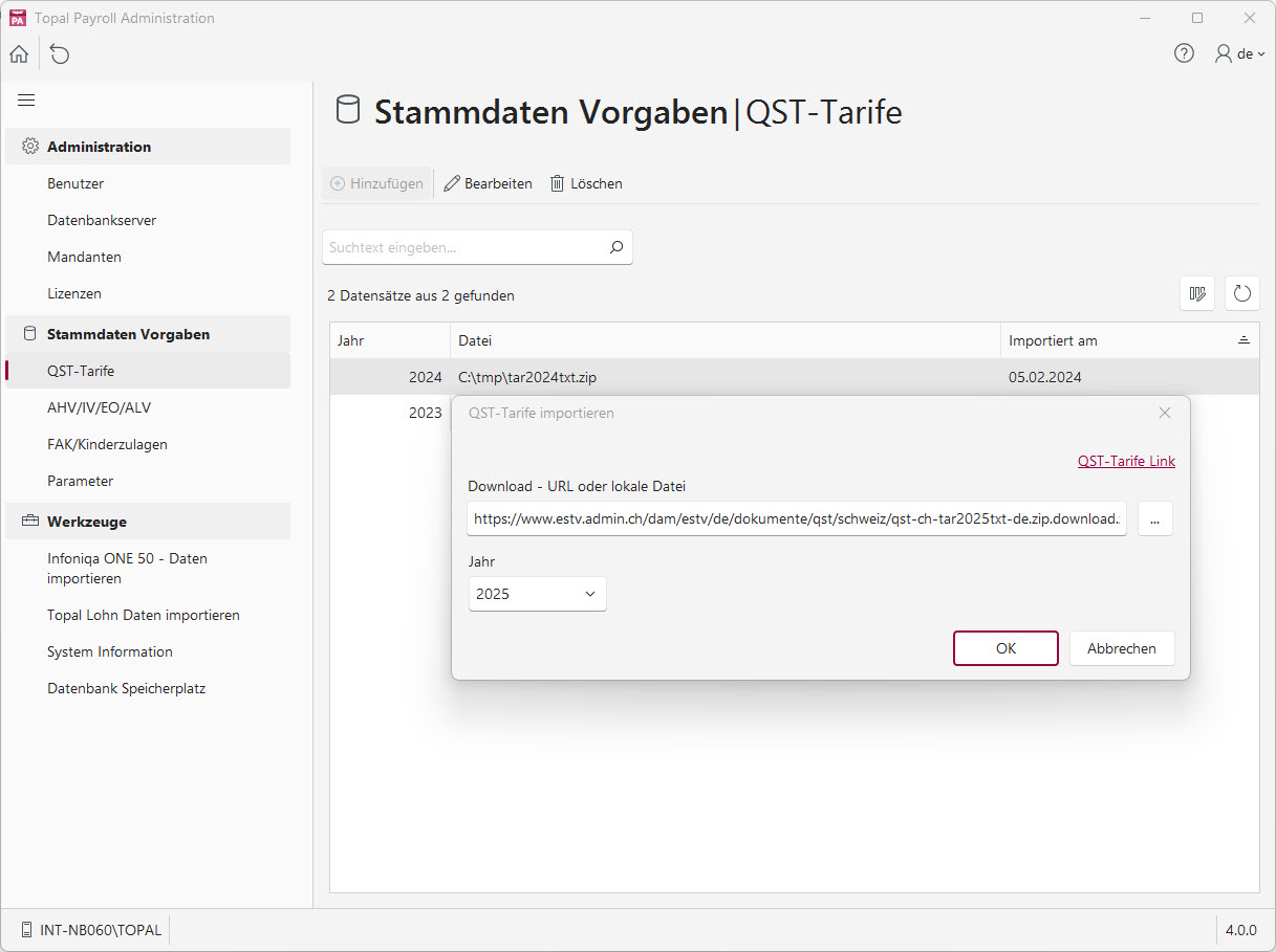 QST-Tarife in Topal Payroll einlesen